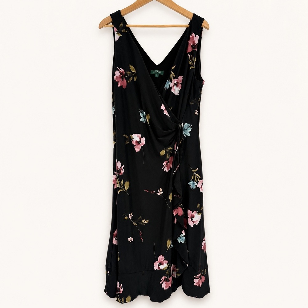 Lauren Ralph Lauren 16 Midi Dress Black Floral Faux Wrap V-Neck Ruffle Romantic